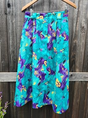 Mr.Max Teal Floral Midi Skirt with Purple and Yellow Accents